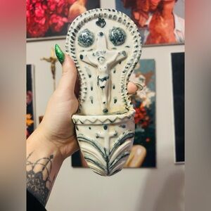 Vintage Ceramic Holy Water Font Wall Stoup Crucifix Catholic Religious Decor